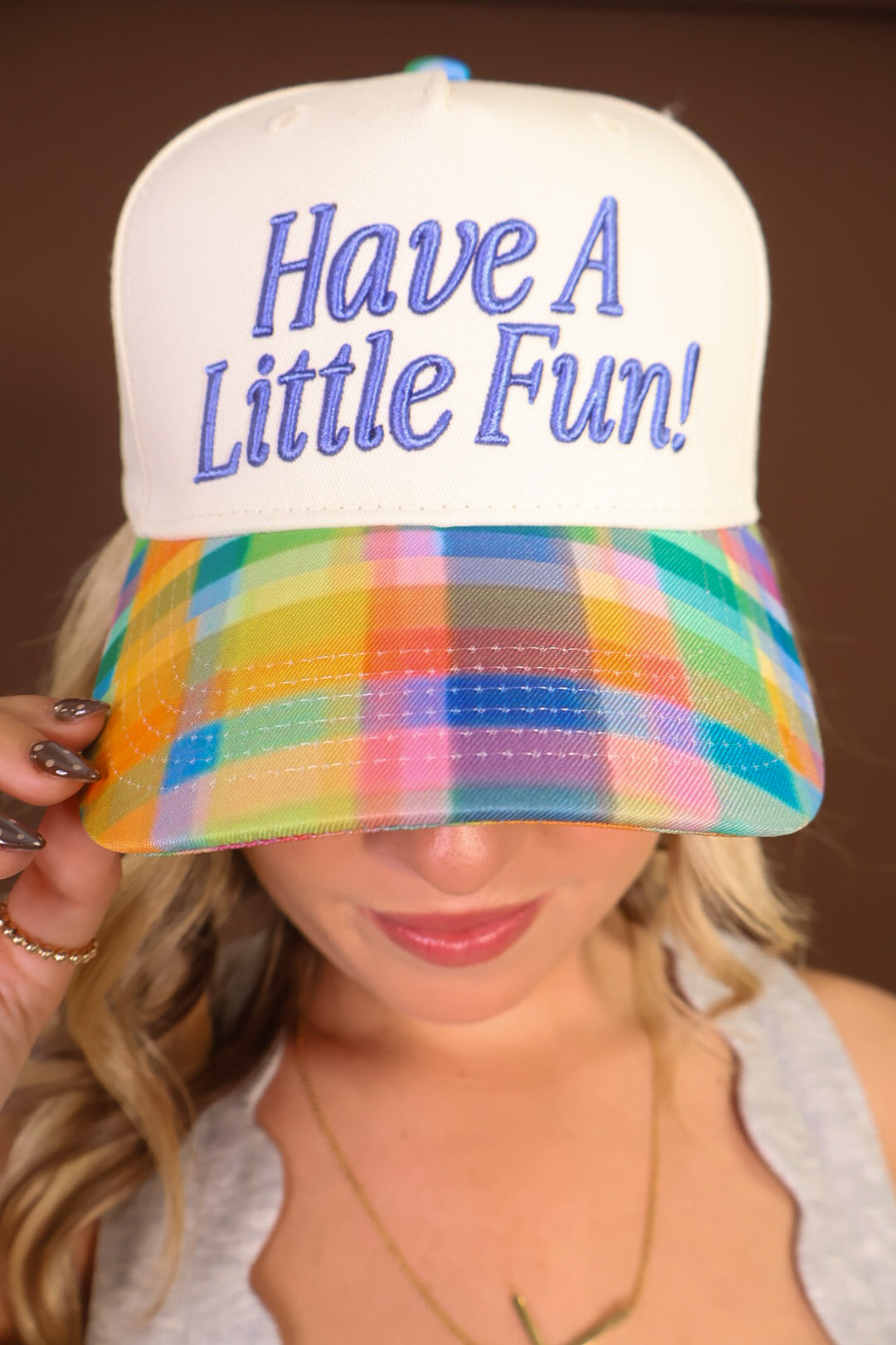 Have A Little Fun! Plaid Brim Trucker Hat