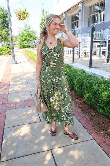 Olive Floral Belted Midi Dress