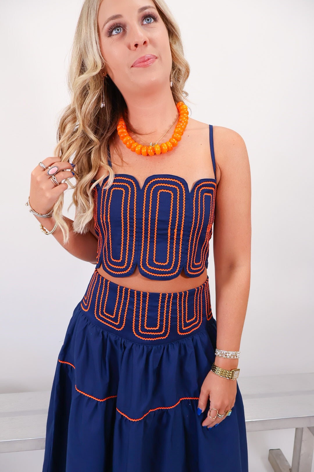Navy & Orange Trimmed Crop Top & Midi Skirt Set
