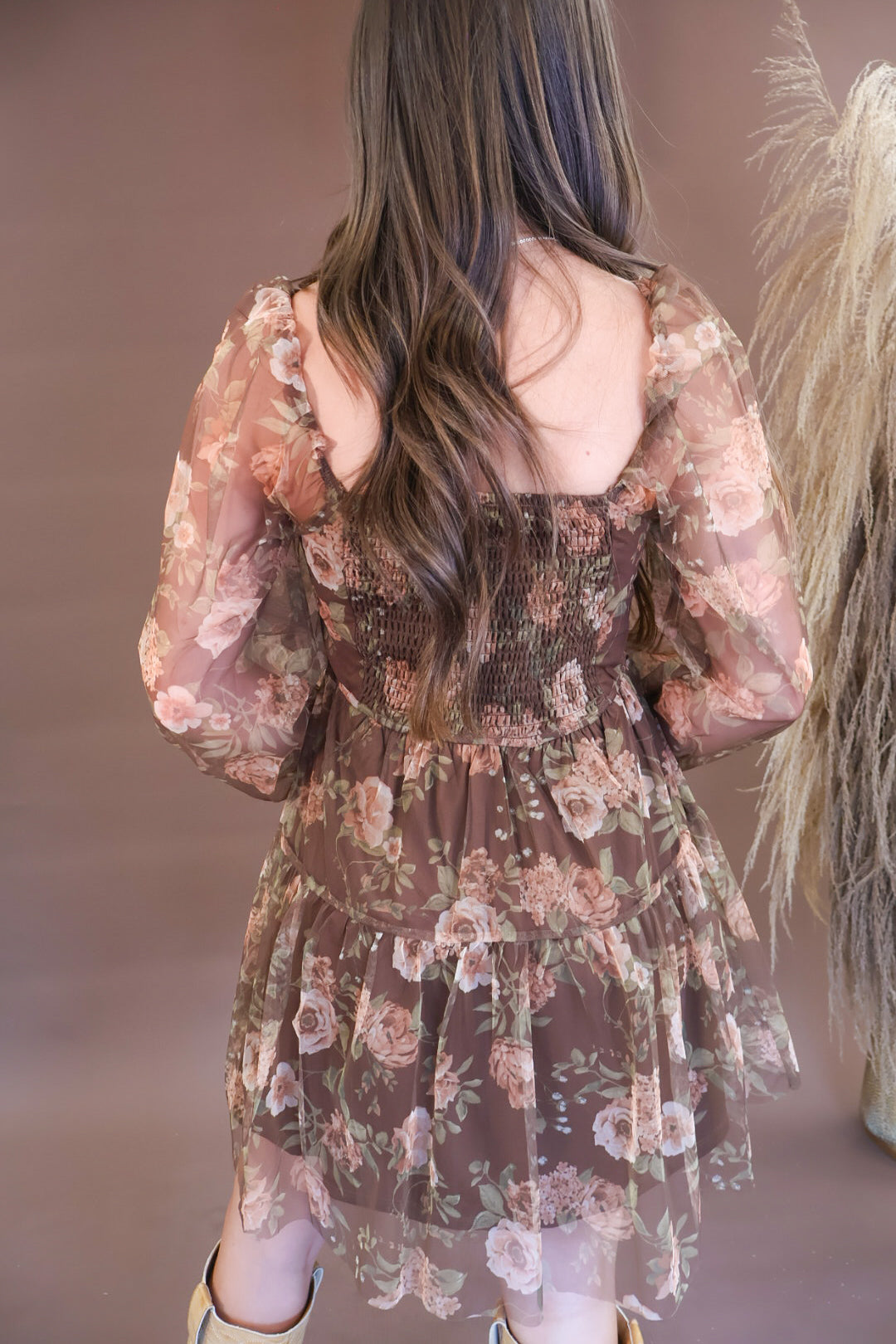 Brown Floral Mesh Long Sleeve Dress