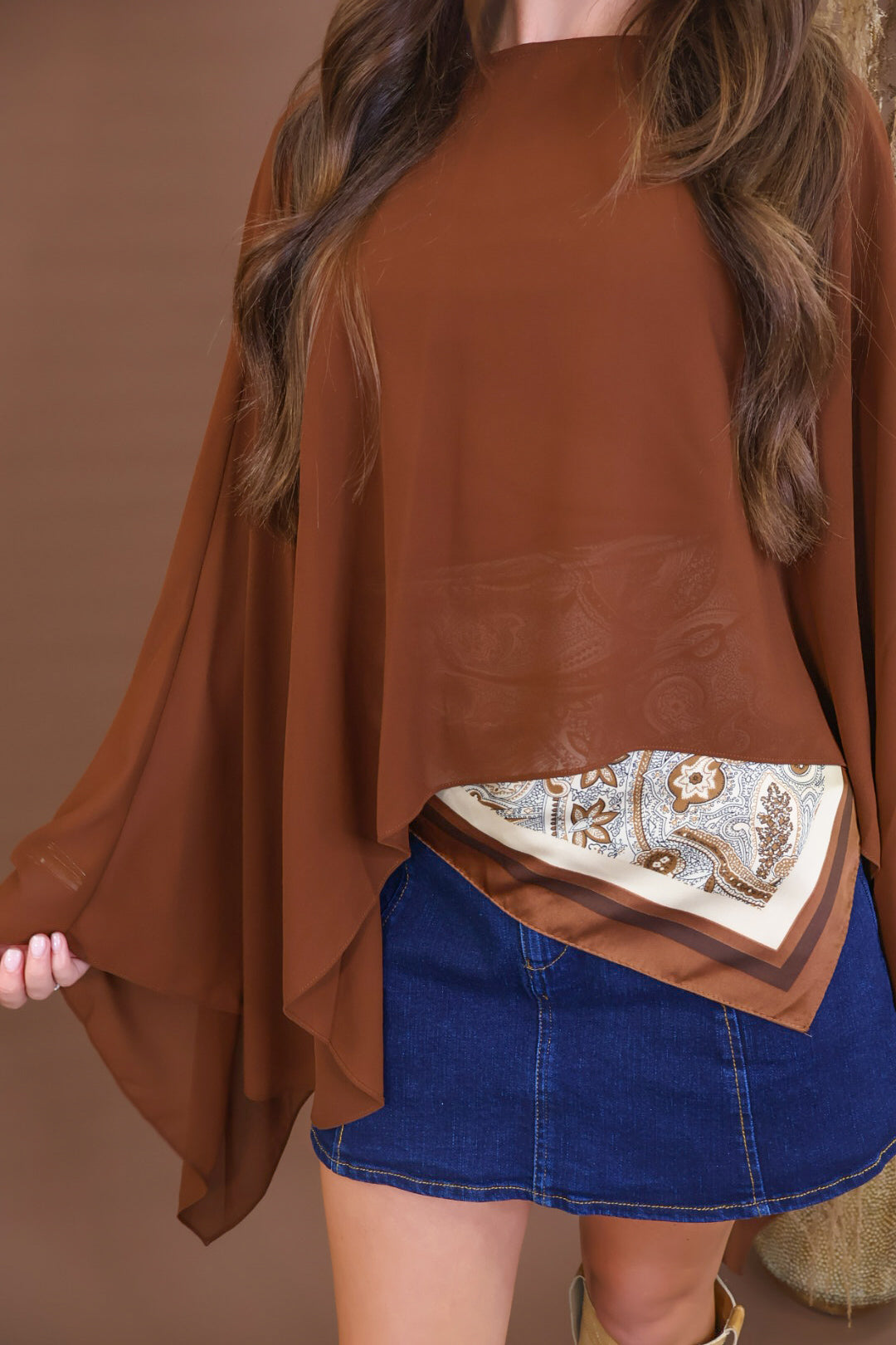 Chocolate Sheer Batwing Poncho Top with Cami