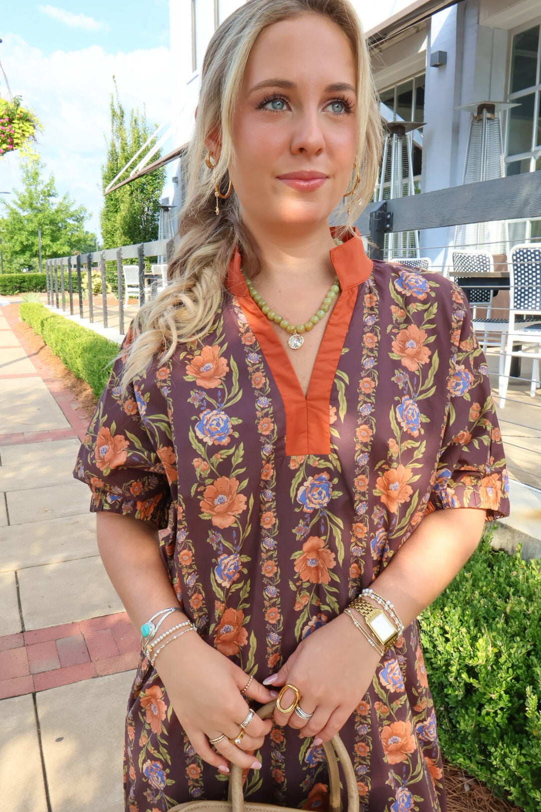 Brown & Orange Floral Midi Dress