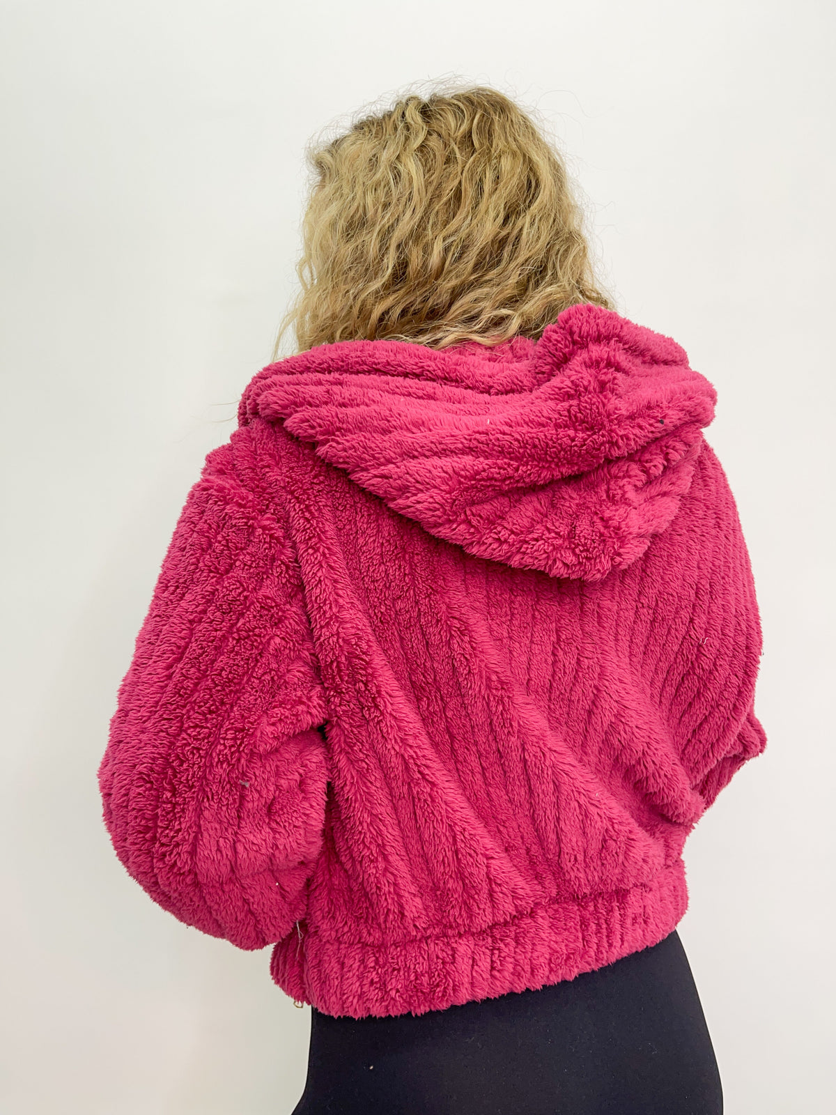 Hooded Ribbed Sherpa Jacket - Raspberry
