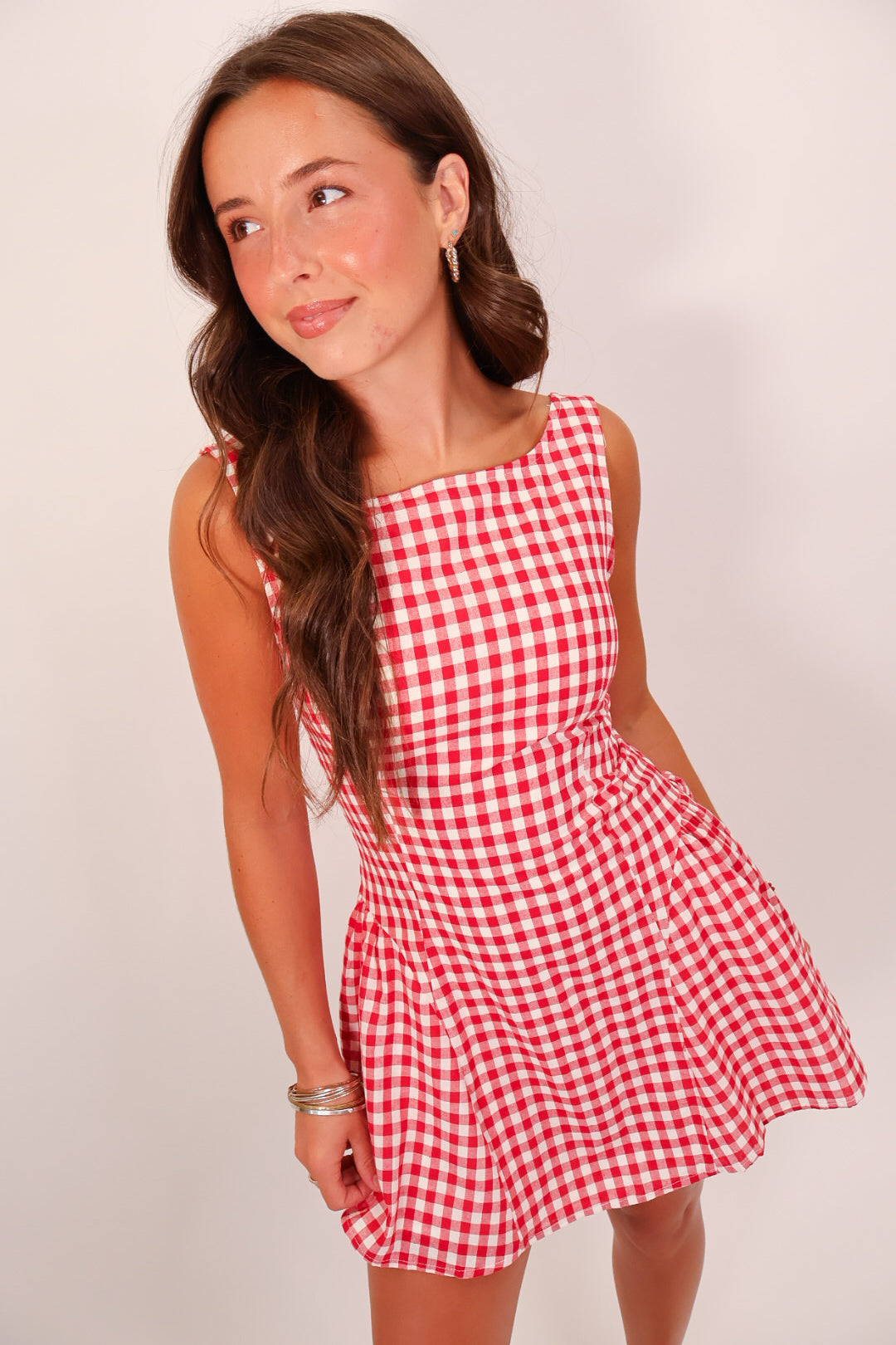 Red Gingham Scoop Back Mini Dress