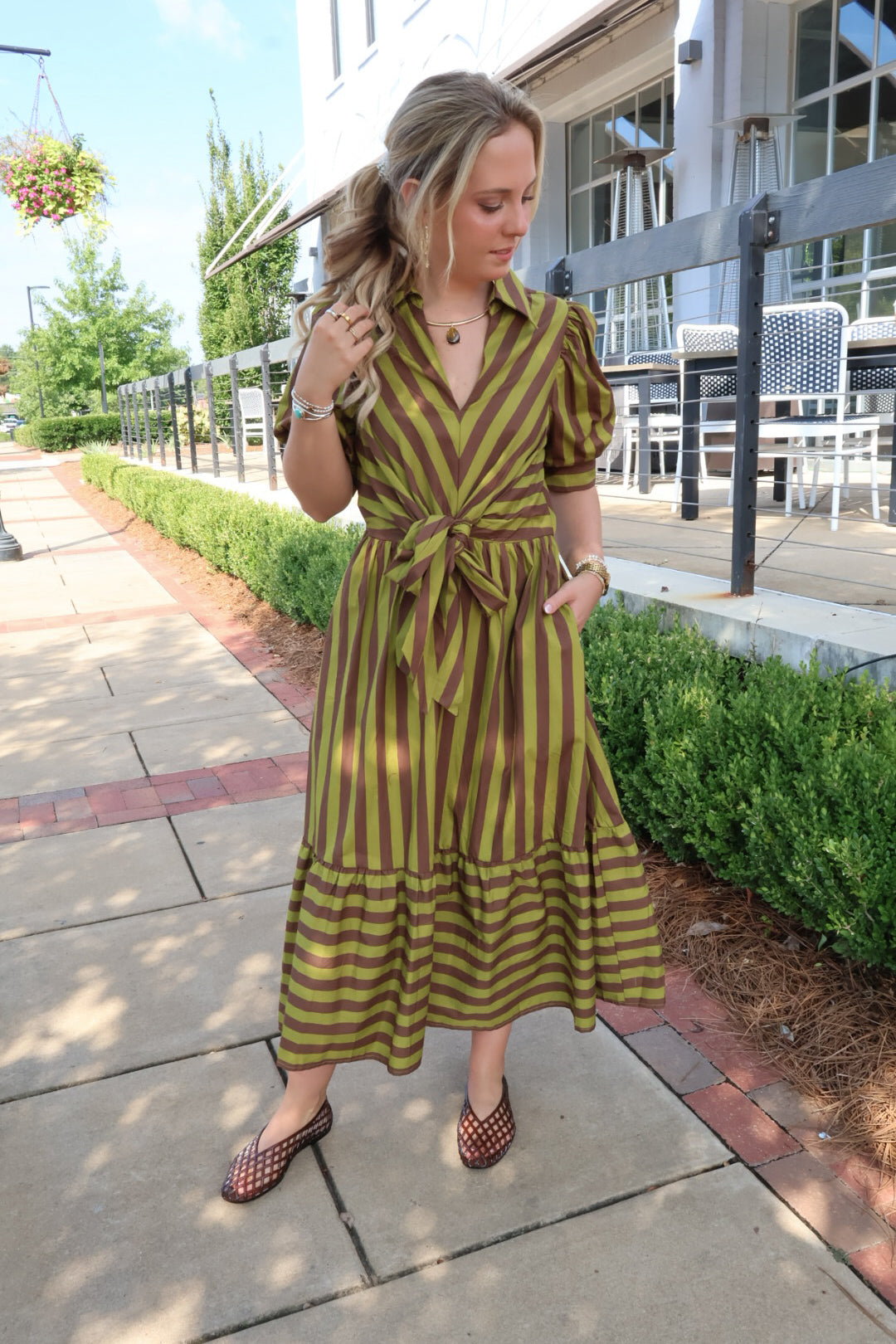 Martini Olive Stripe Puff Sleeve Dress