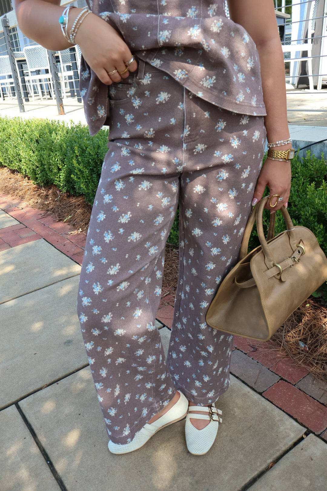 Brown & Blue Floral Denim Pants Set