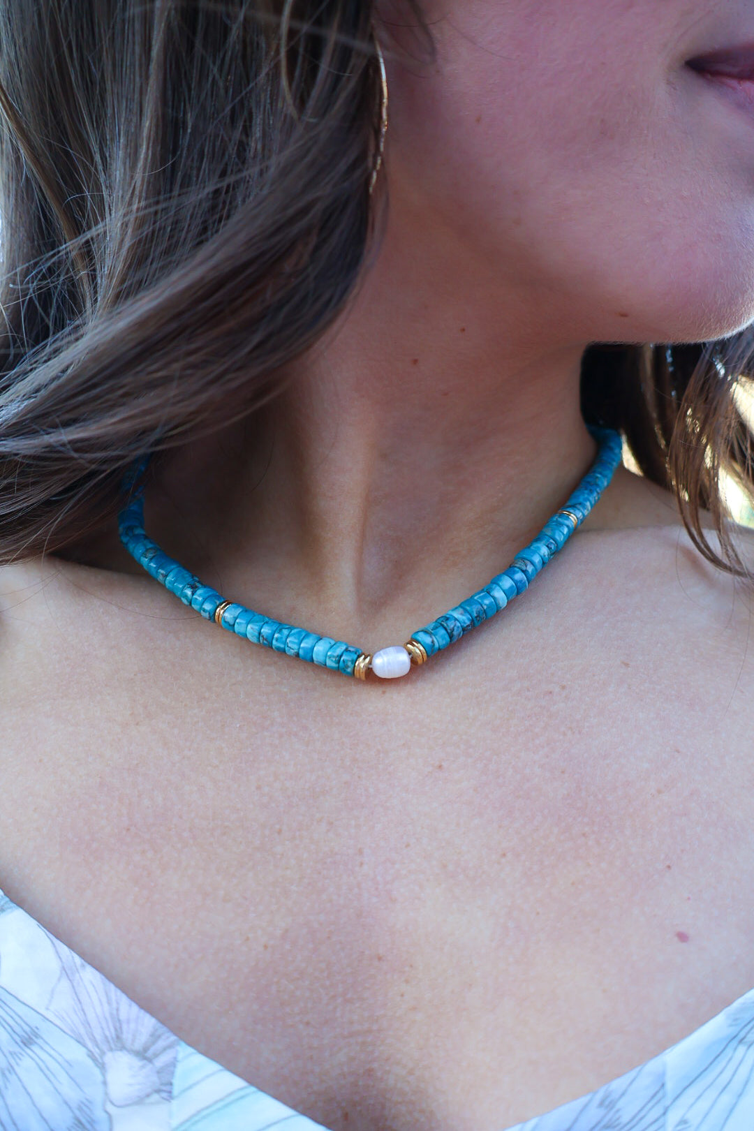 Becky Turquoise + Gold Delicate Pearl Necklace