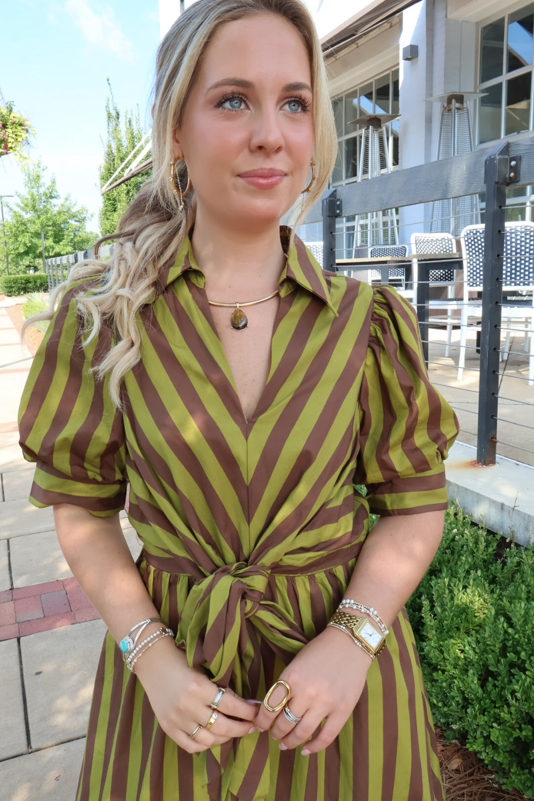 Martini Olive Stripe Puff Sleeve Dress