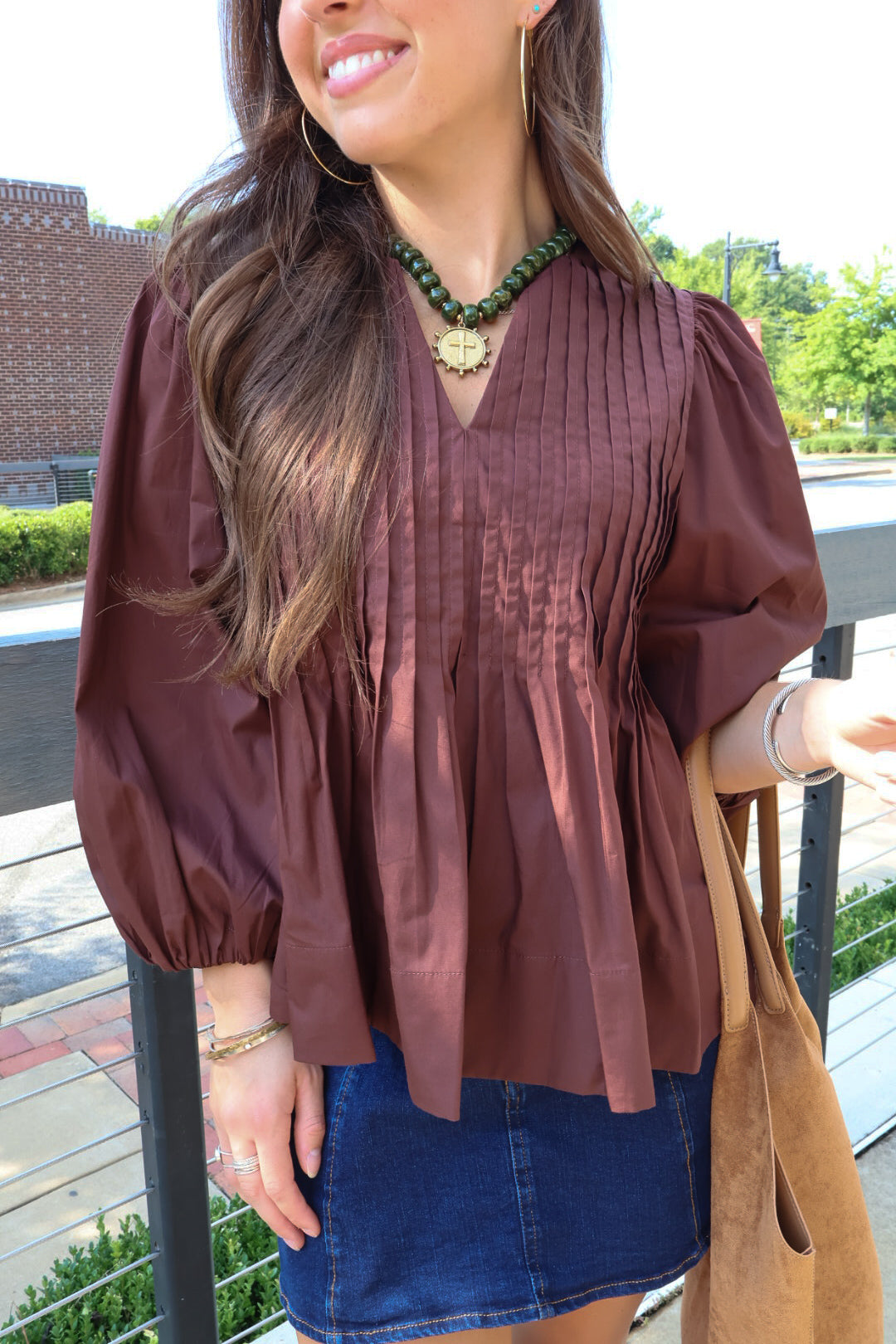 Brown Pleated Puff Sleeve Top