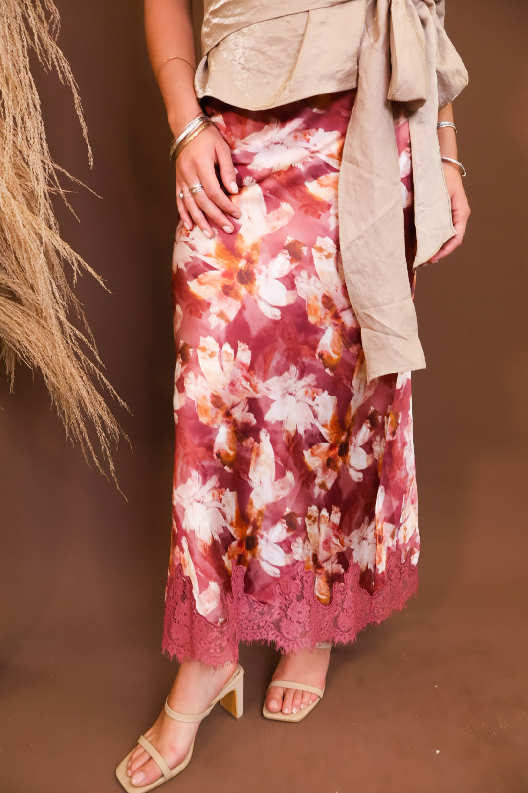 Mauve Floral Satin Midi Skirt