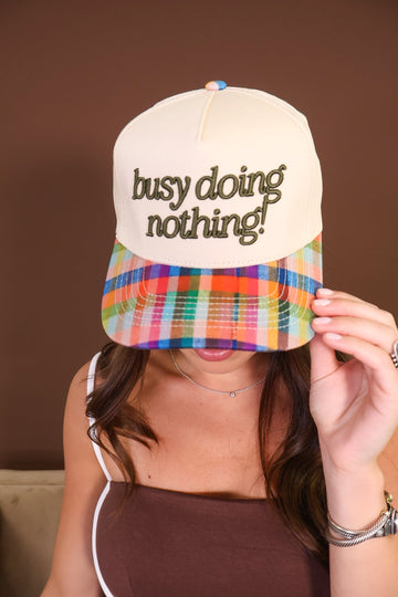 Busy Doing Nothing! Plaid Brim Trucker Hat