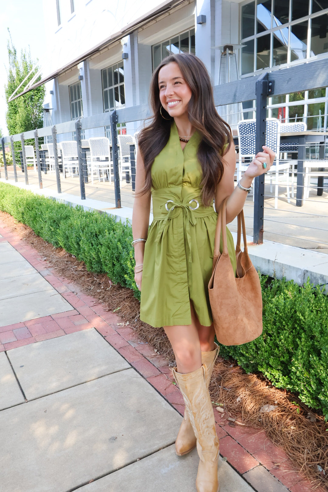 Olive Dress with Banded Waist & Sash