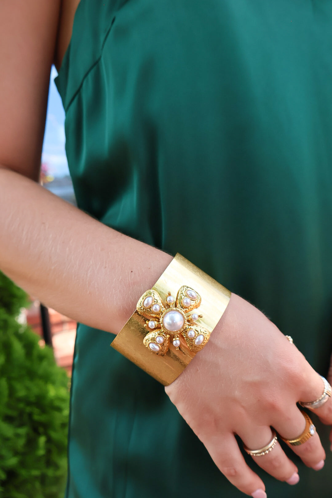 Gold Pearl Flower Cuff Bracelet