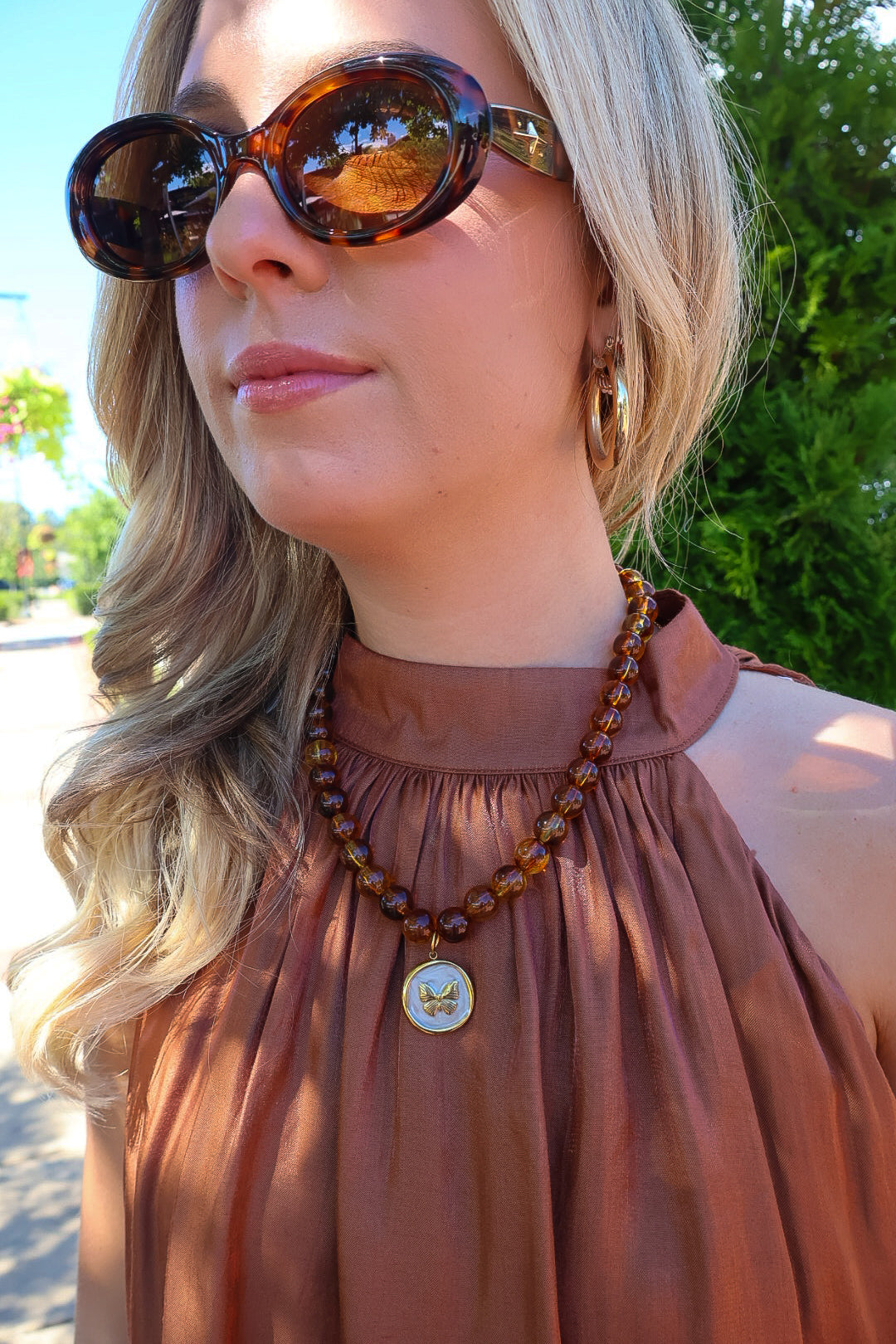 Amber Beaded Butterfly Charm Necklace