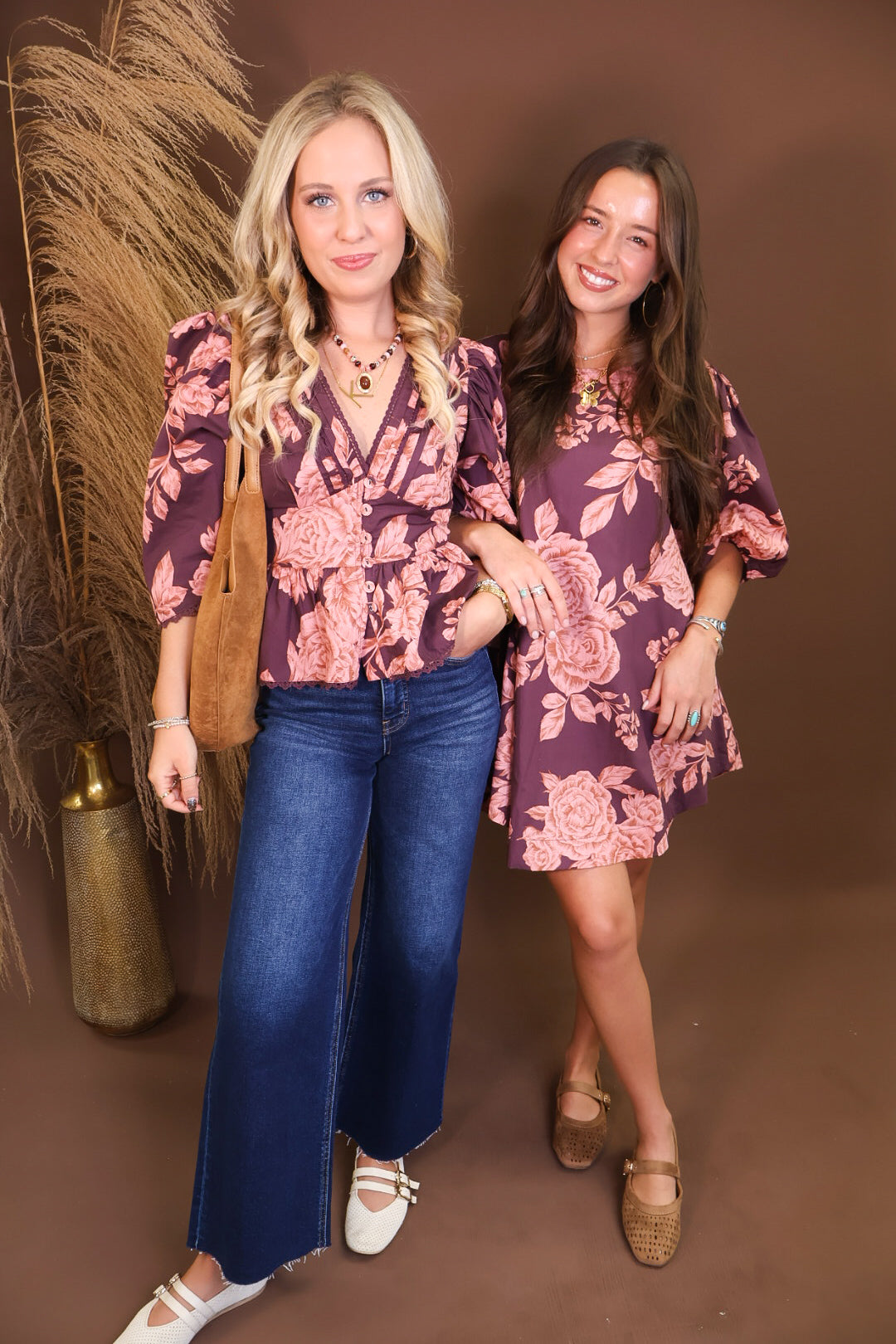 Wine Pink Floral V Neck Top