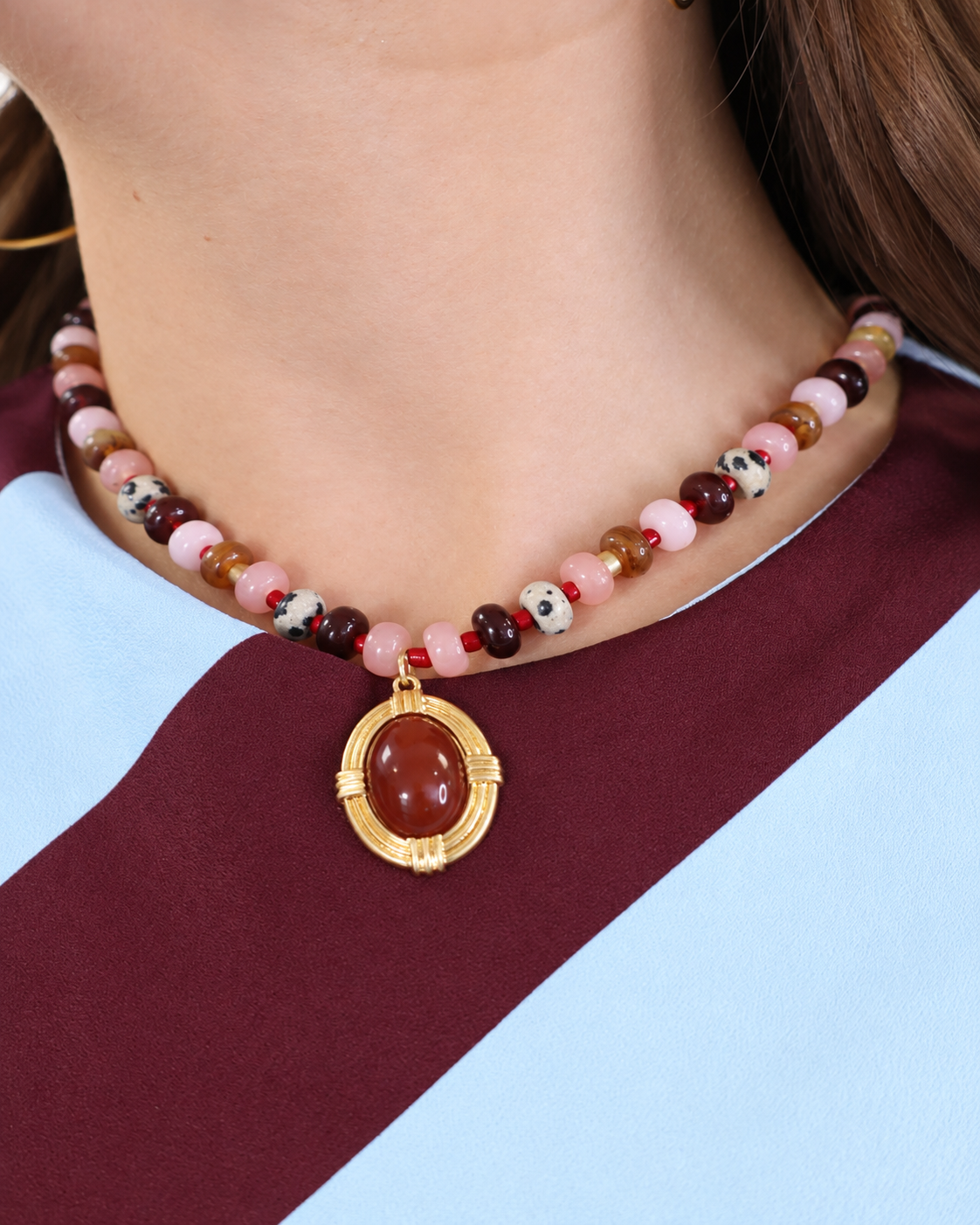 Burgundy Multi Beaded Pendant Necklace