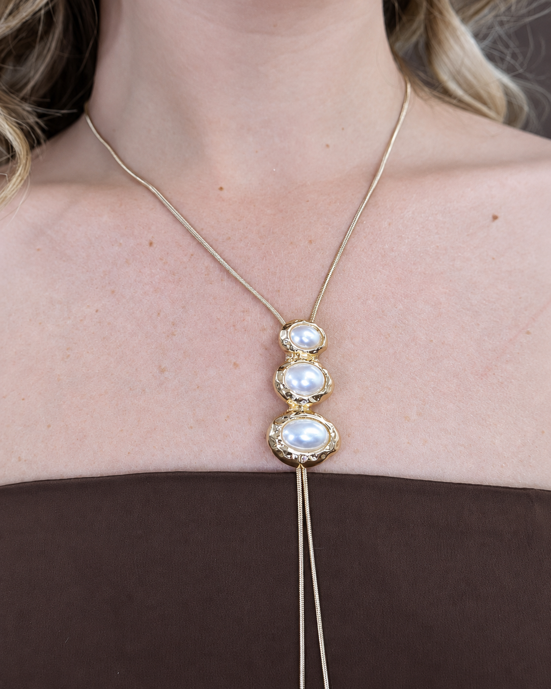 Gold Pearl Lariat Necklace