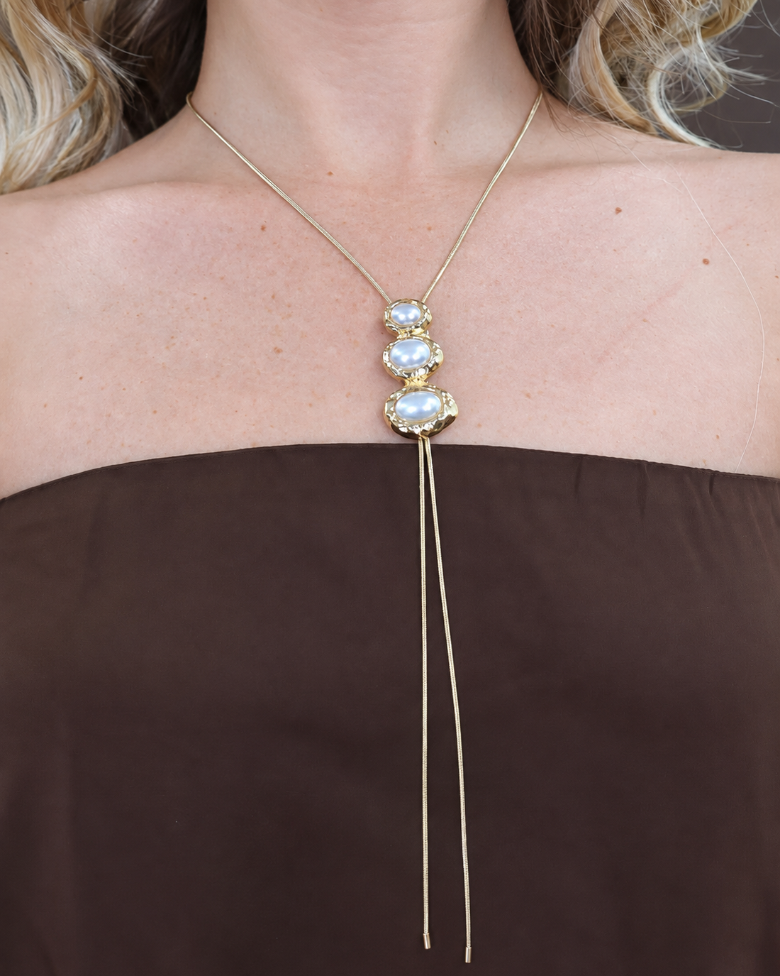 Gold Pearl Lariat Necklace