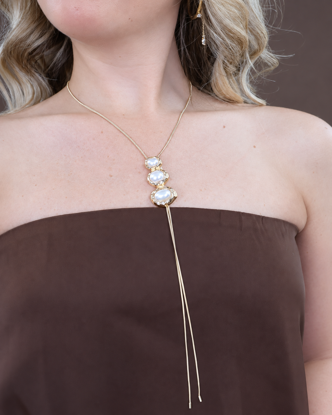 Gold Pearl Lariat Necklace