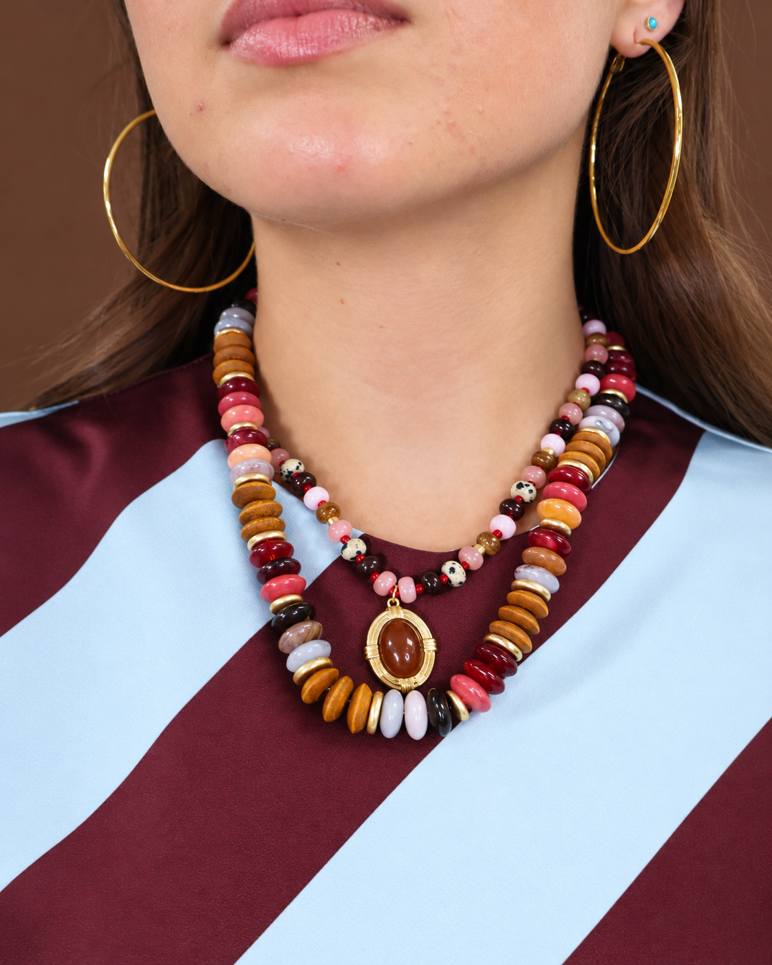 Burgundy Multi Beaded Pendant Necklace