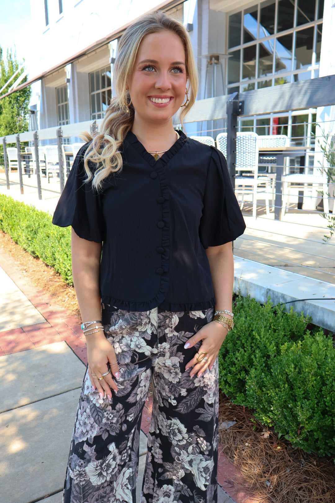 Black Ruffle Puff Sleeve Top