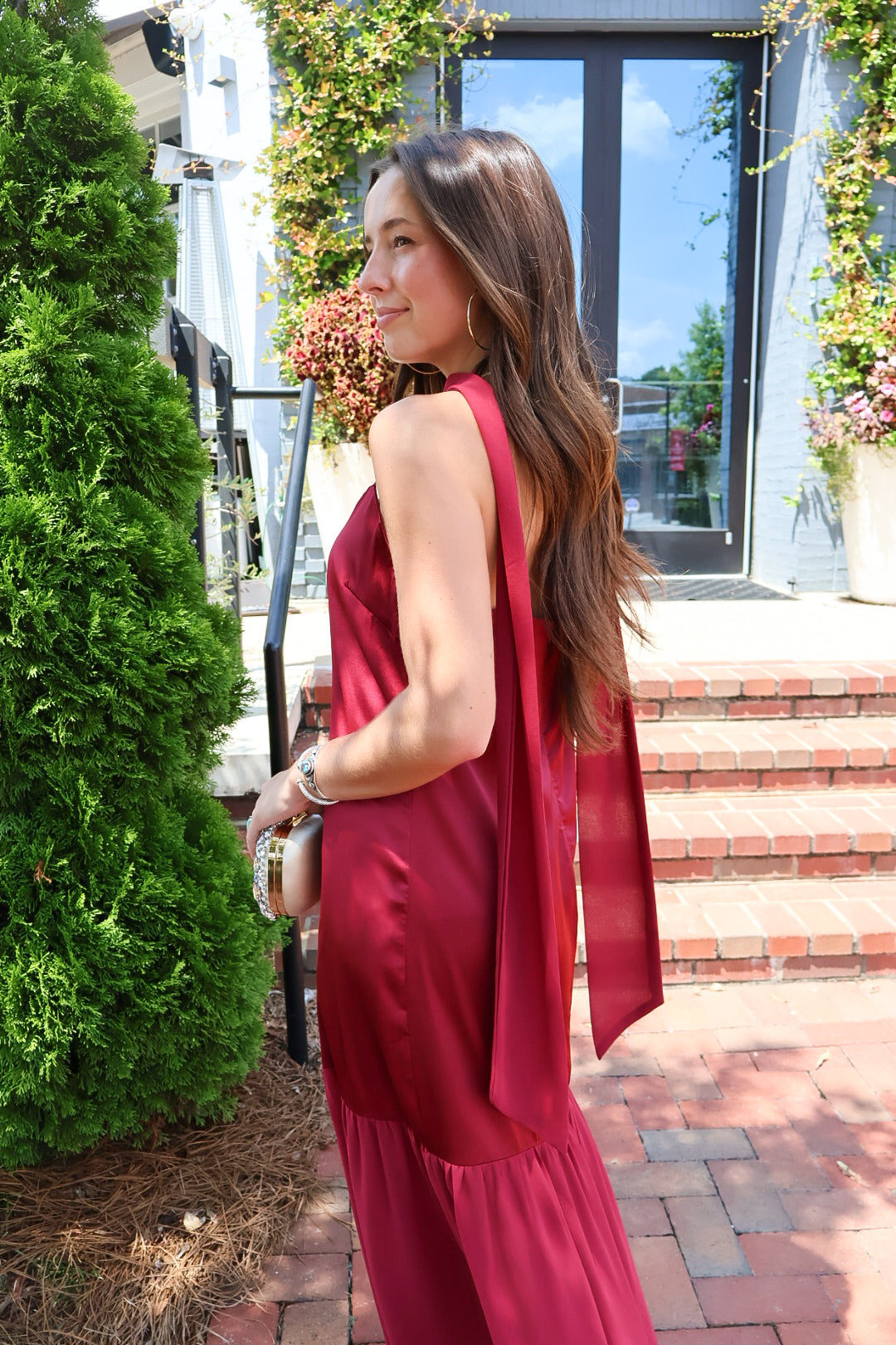 Burgundy Satin Scarf Slip Maxi Dress
