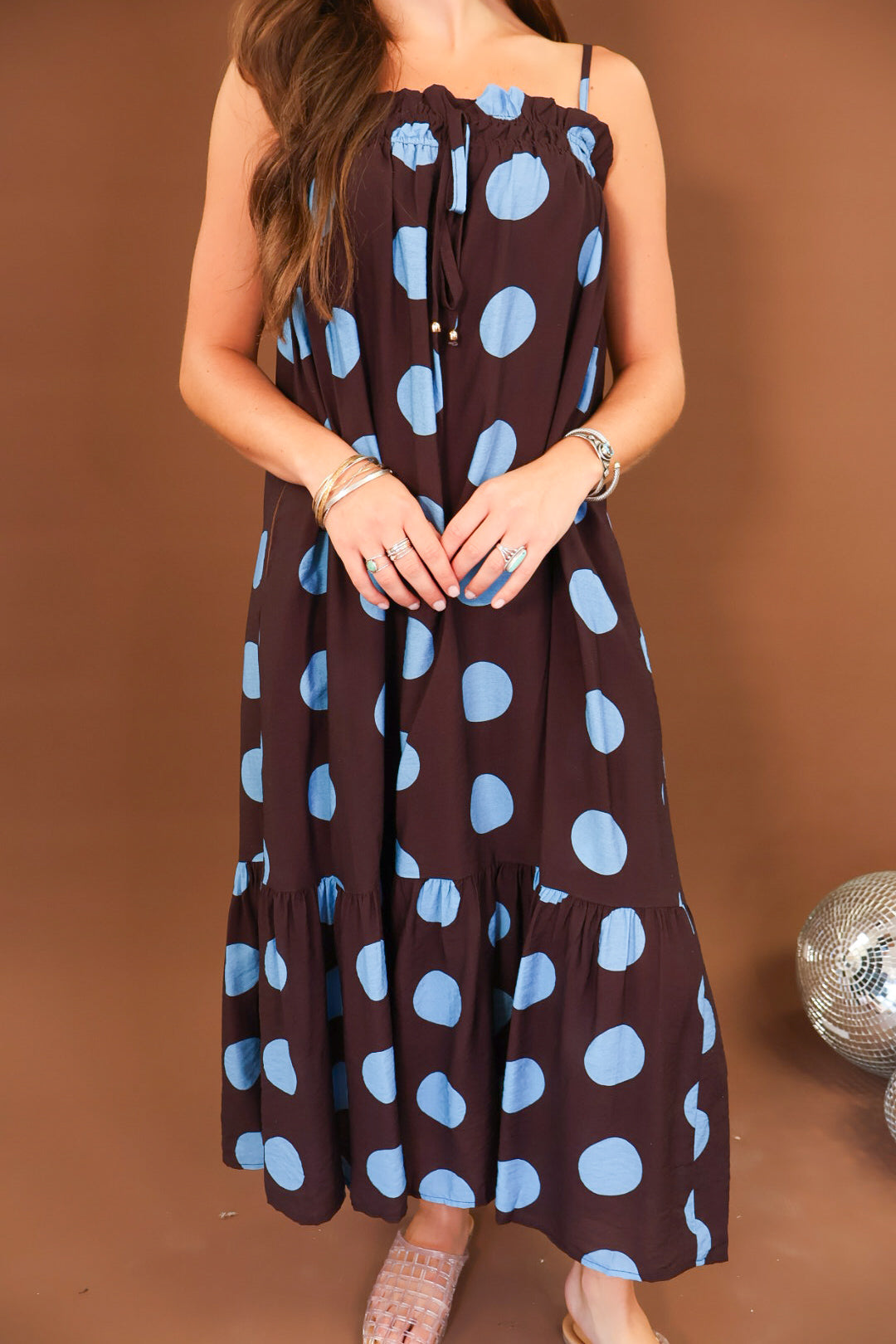 Brown & Blue Polka Dot Maxi Dress