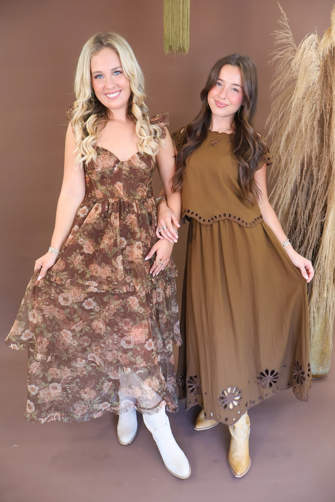 Chocolate Eyelet Cutout Boxy Top & Skirt Set