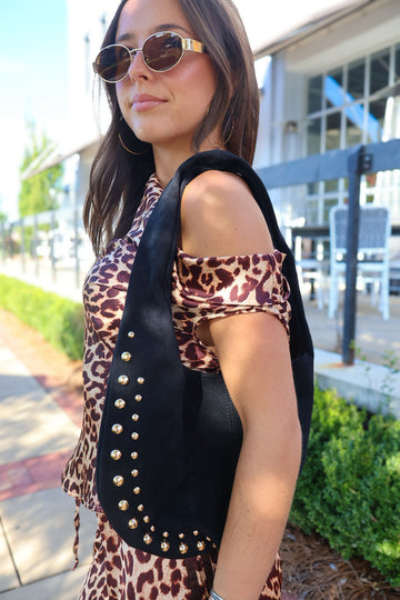 Black Faux Suede Gold Stud Shoulder Bag