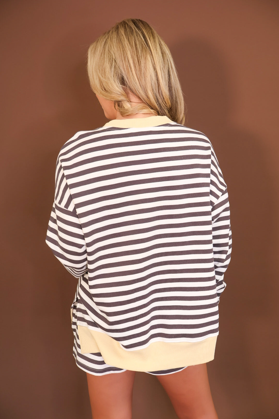 Chocolate & Cream Striped Shorts Set With Yellow Trim