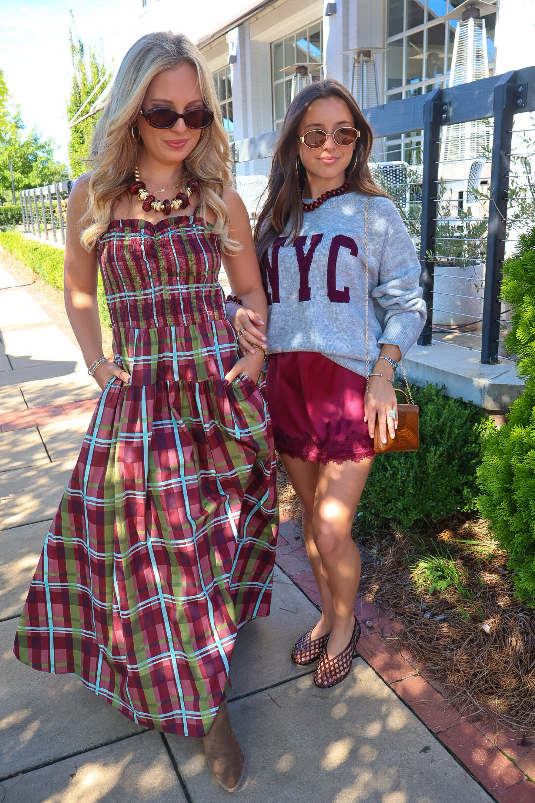 Burgundy Plaid Smocked Maxi Dress