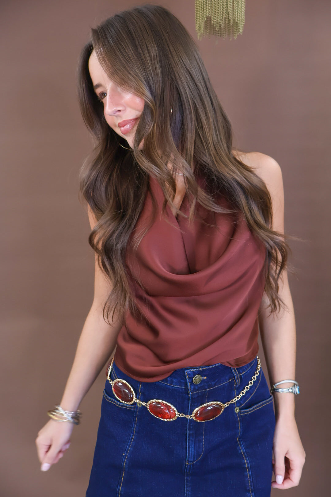Brown Satin Cowl Neck Open Back Top