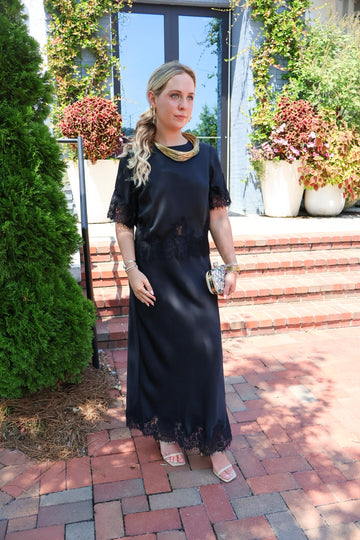 Black Satin Lace Trim Top & Skirt Set