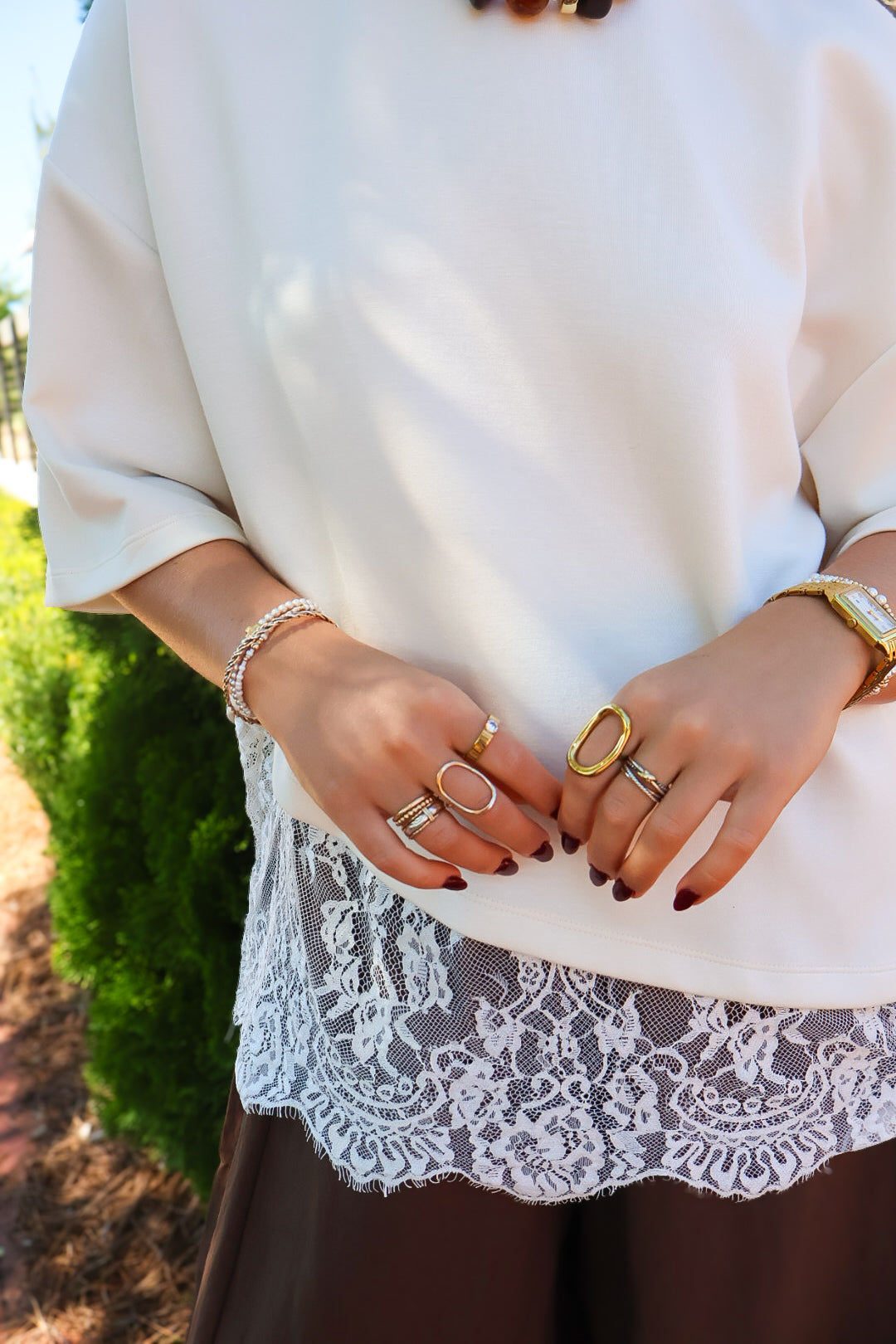 Cream Tee With Asymmetrical Lace Hem