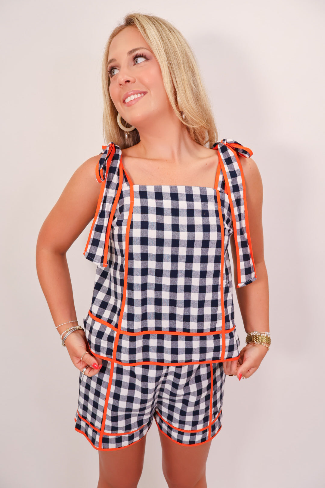 Navy Gingham Shoulder Tie Top & Shorts Set