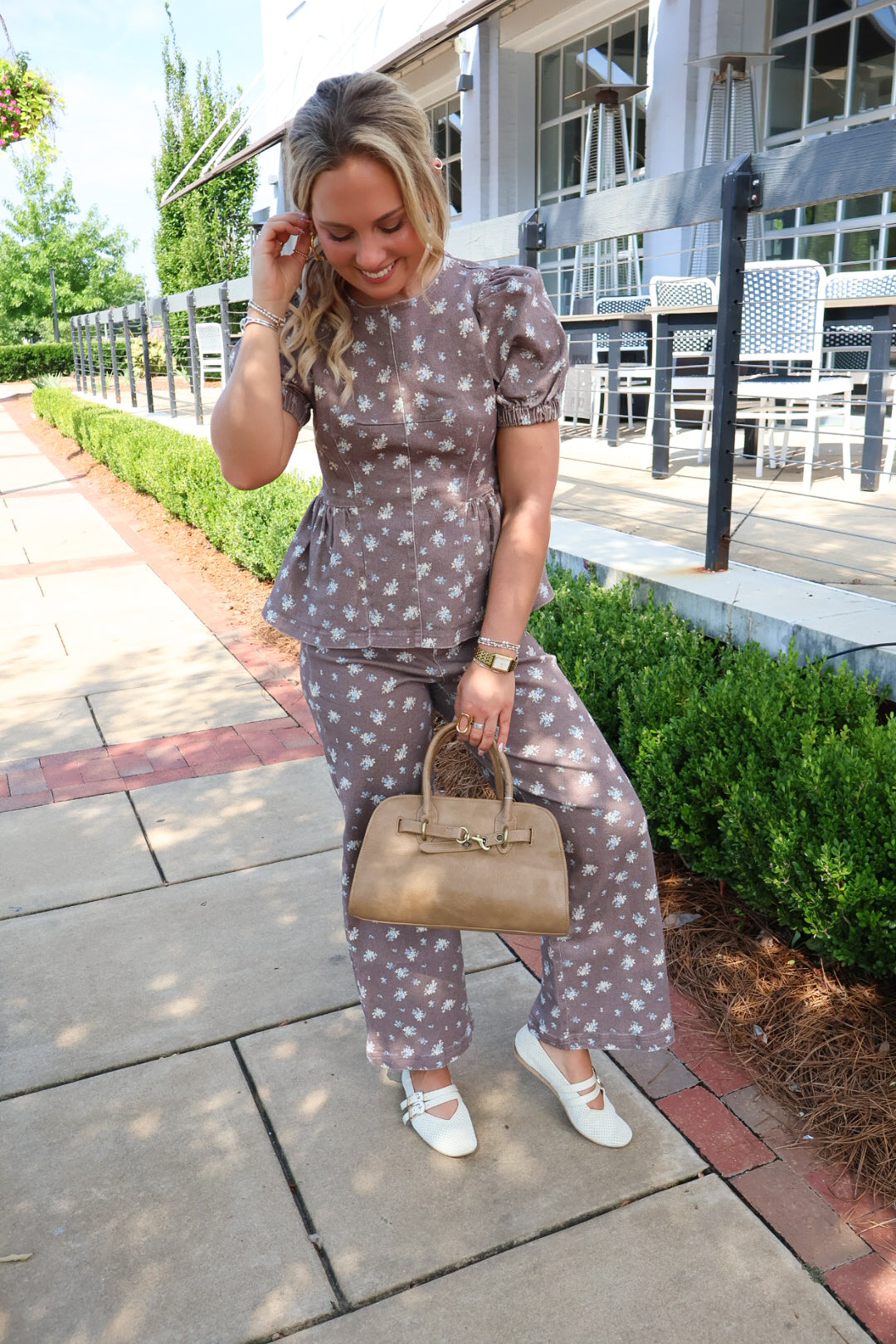 Brown & Blue Floral Denim Pants Set