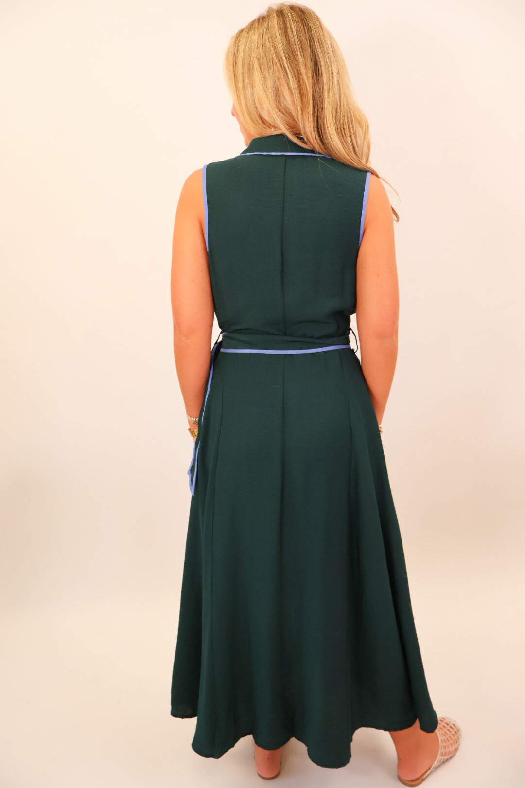 Green Contrast Trim Midi Dress
