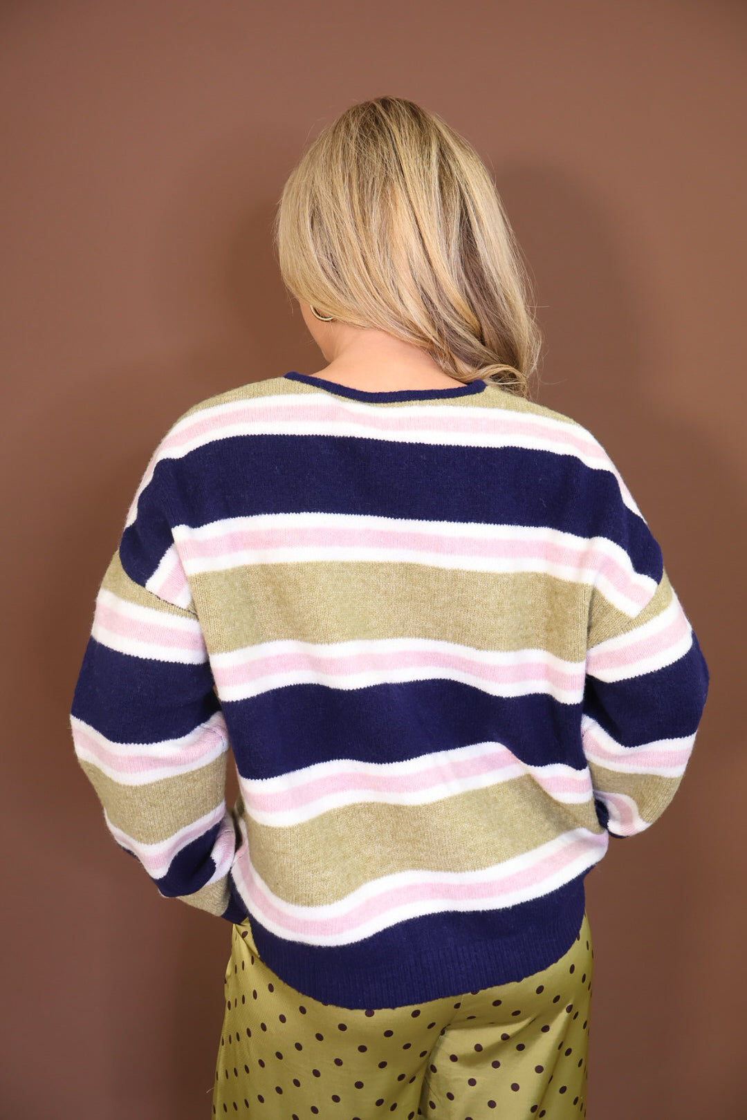 Navy Green & Pink Striped Button-Up Cardigan