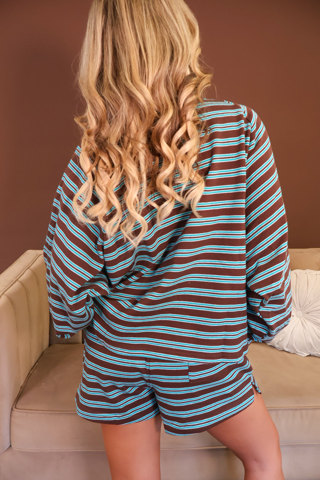 Things Between Brown & Teal Striped Boxy Top & Shorts Set