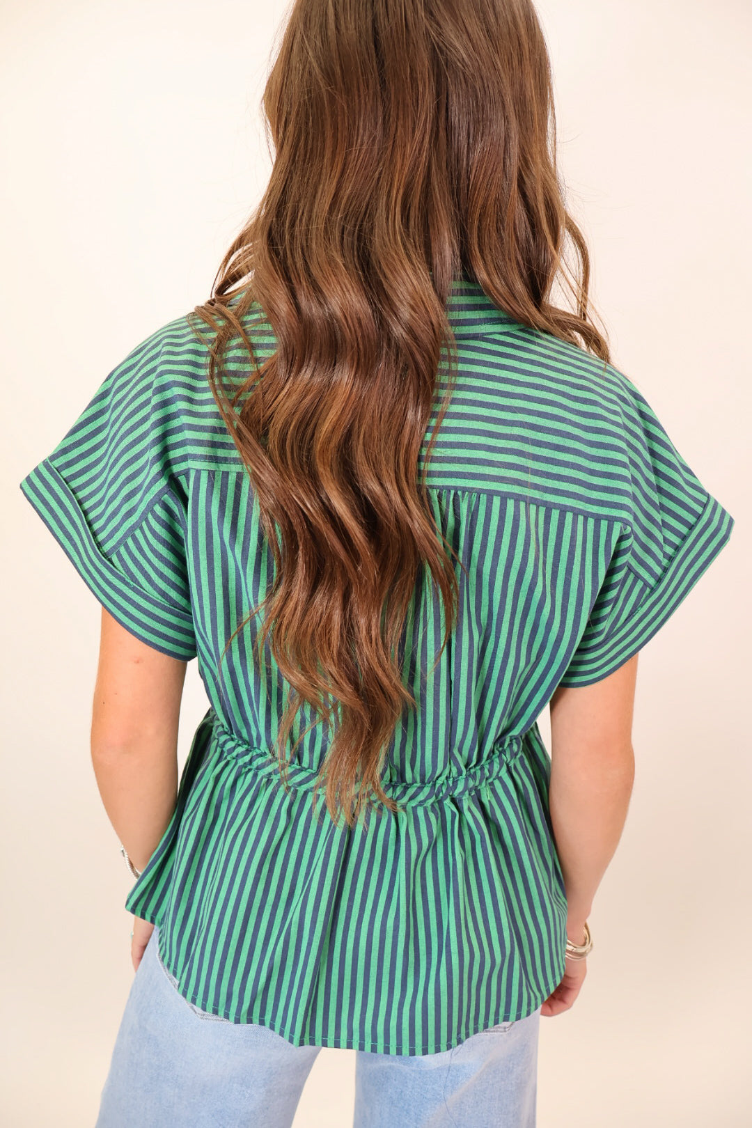 Green & Navy Striped Drawstring Top