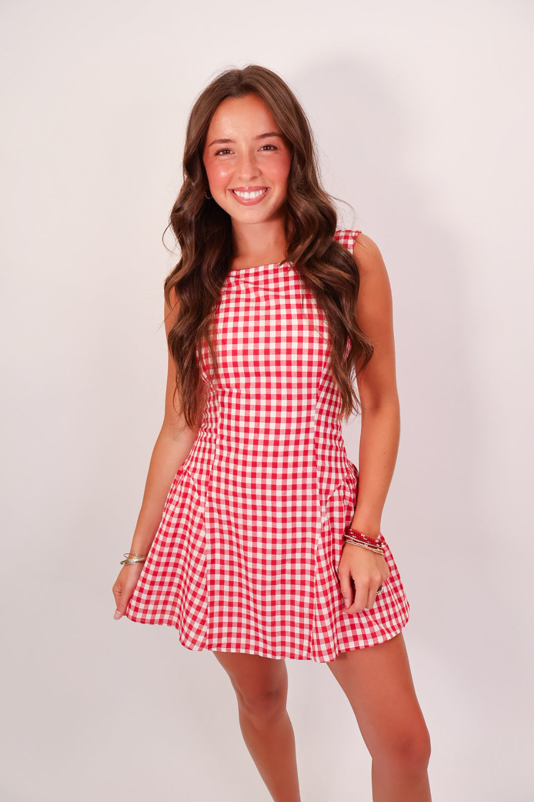 Red Gingham Scoop Back Mini Dress