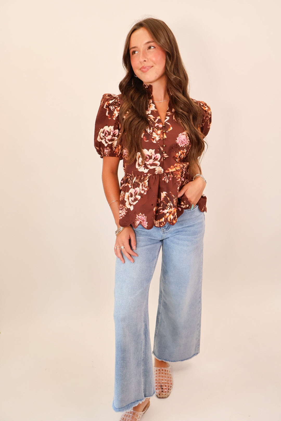 Brown Floral Puff Sleeve Top