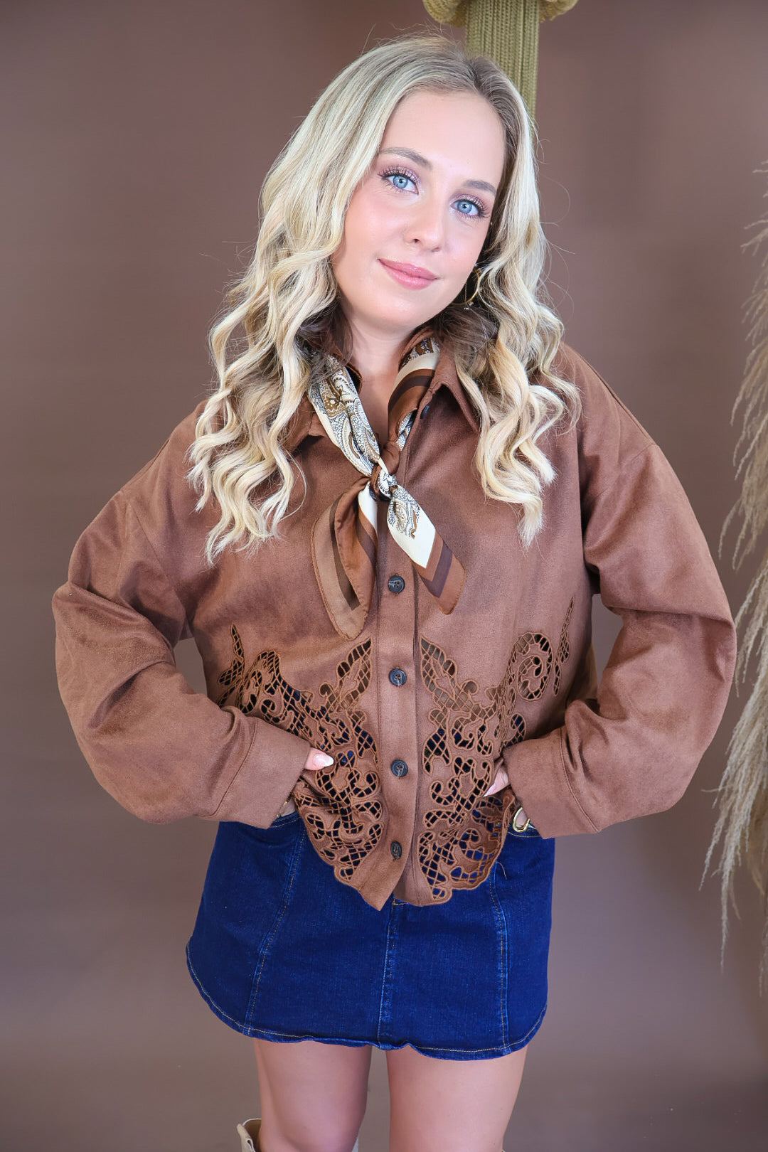 Chocolate Faux Suede Cutout Shirt Jacket