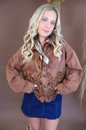 Chocolate Faux Suede Cutout Shirt Jacket