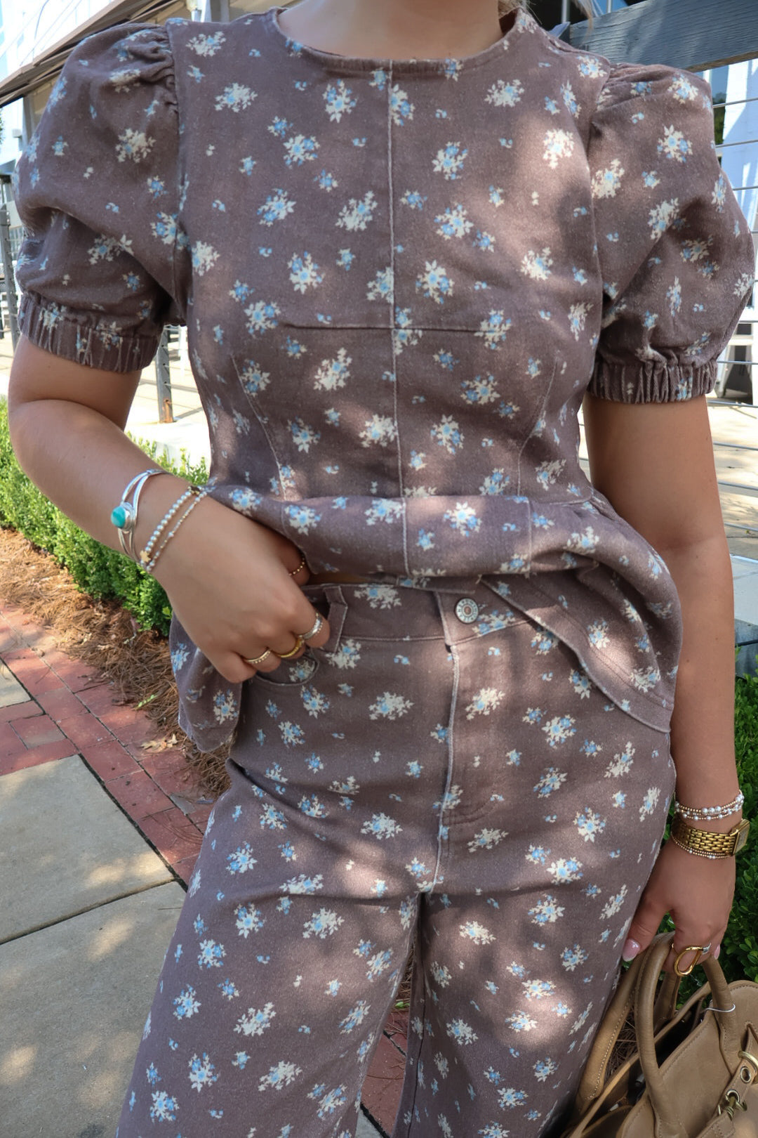 Brown & Blue Floral Denim Pants Set