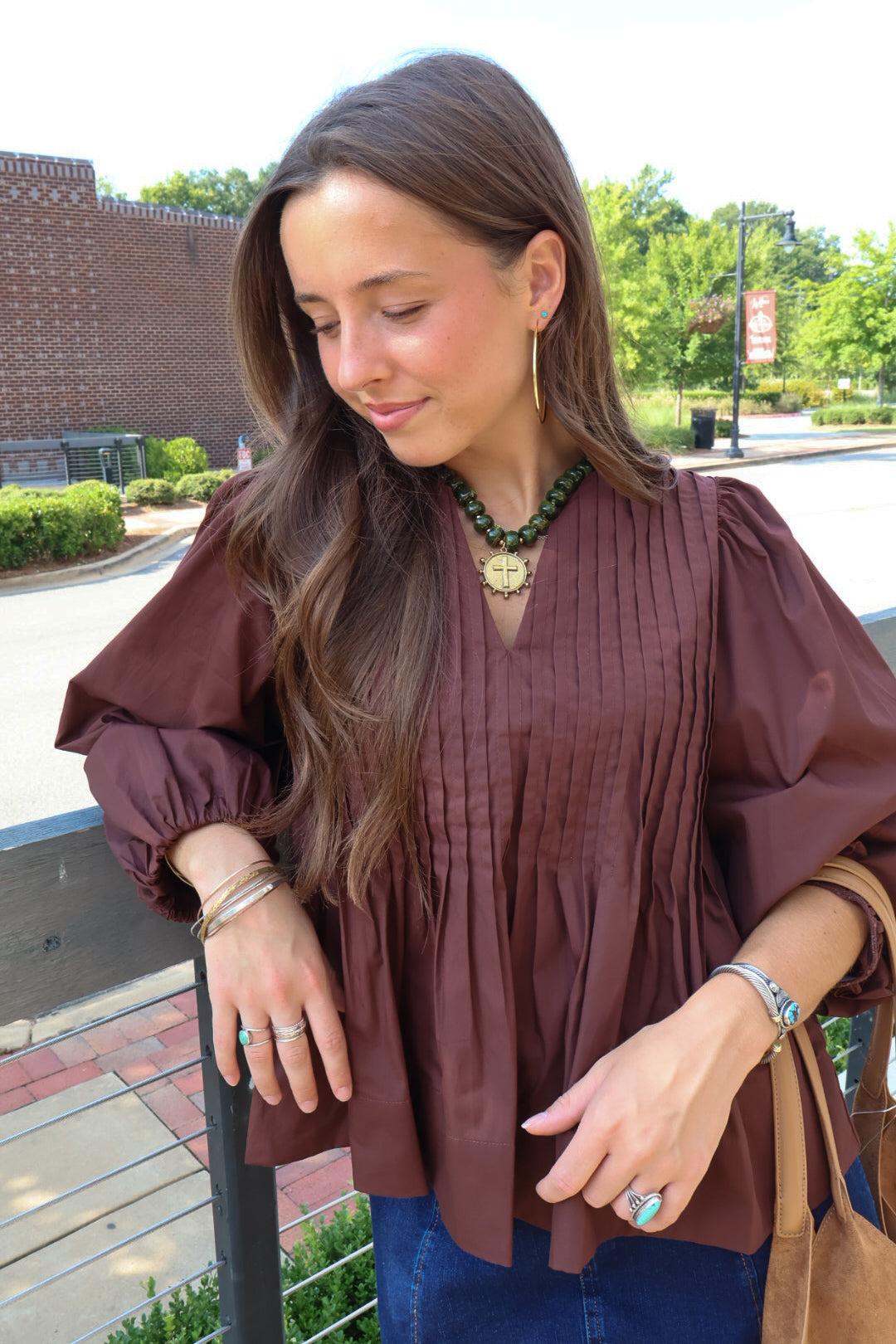 Brown Pleated Puff Sleeve Top