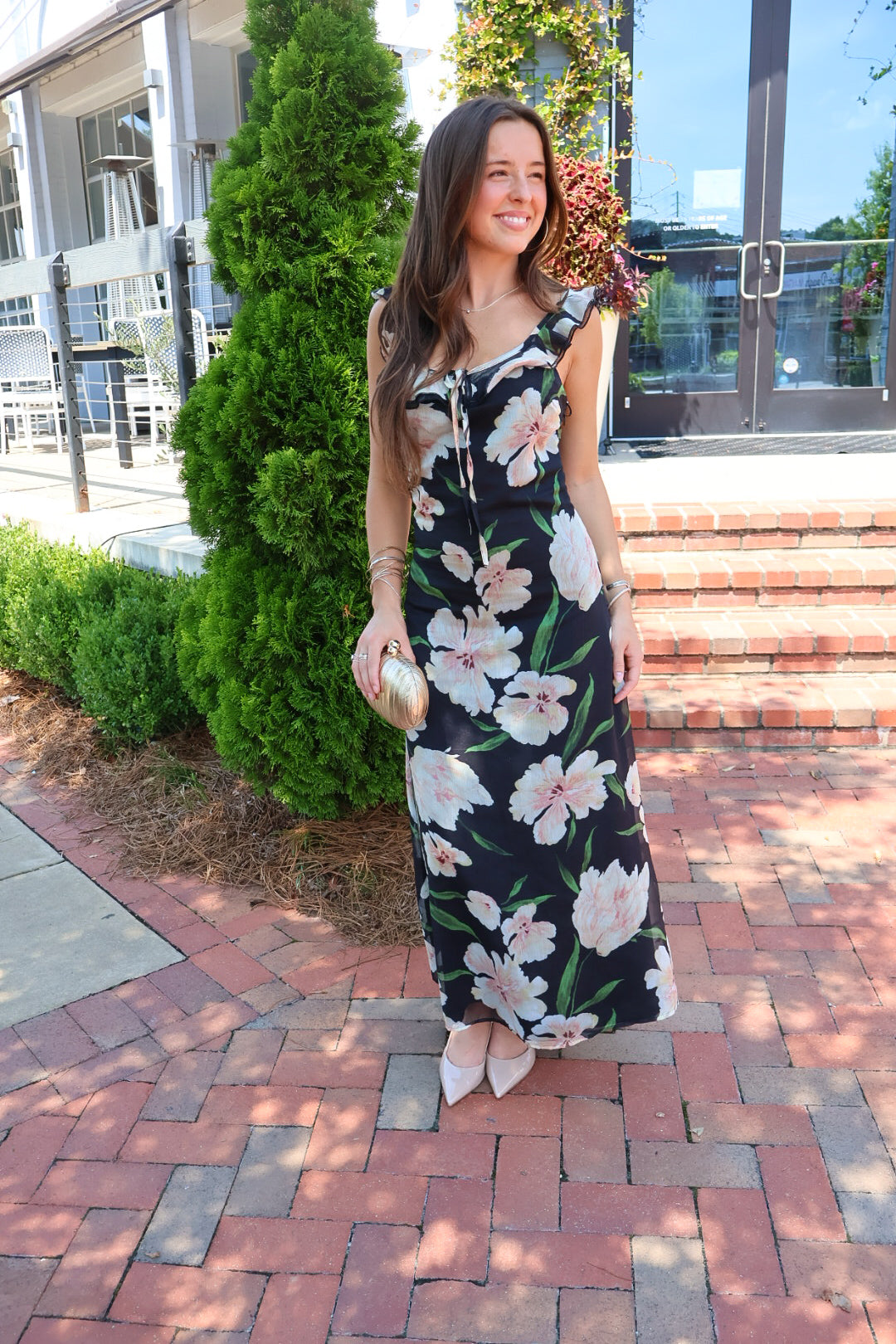 Black Floral Ruffle Strap Maxi Dress