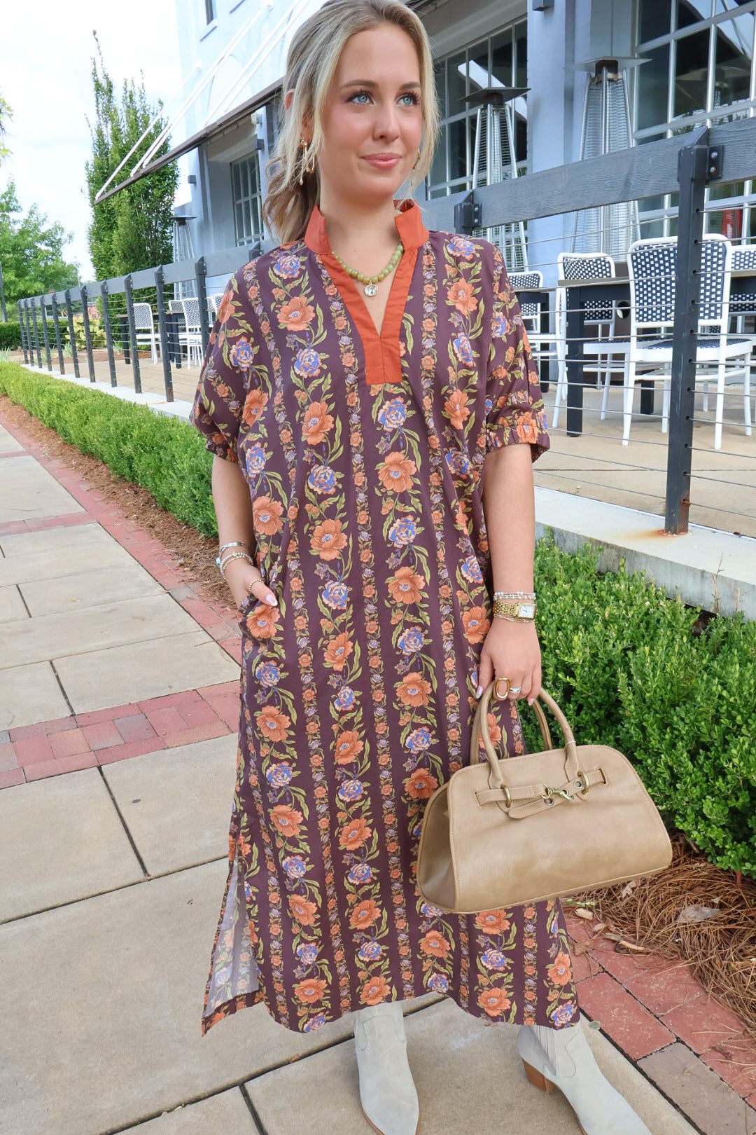 Brown & Orange Floral Midi Dress