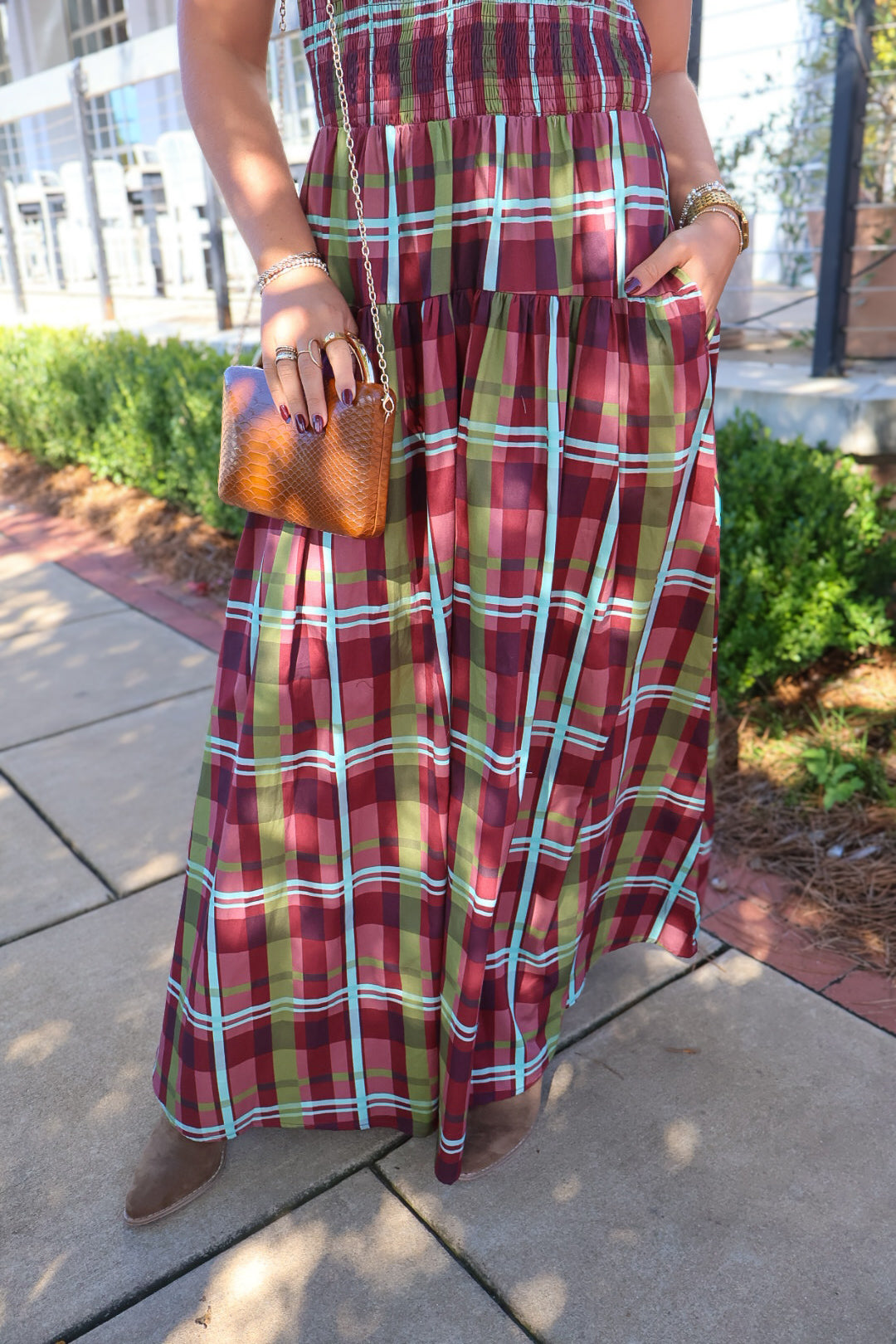 Burgundy Plaid Smocked Maxi Dress