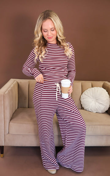Plum Striped Rib Knit Top & Pants Set